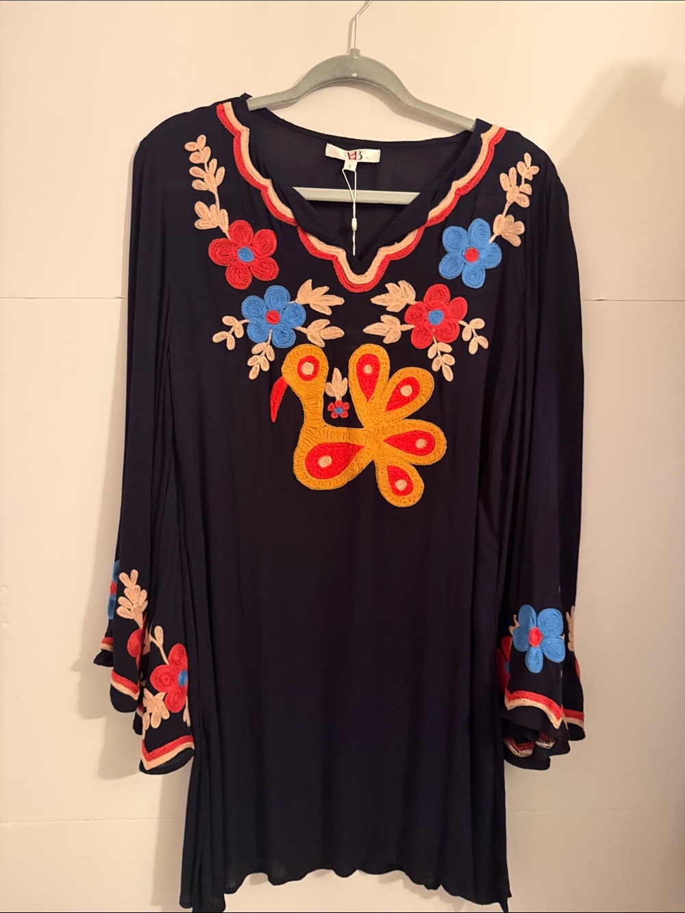 NWT Embroidered Black Floral Tunic Top with Yellow Floral Accent